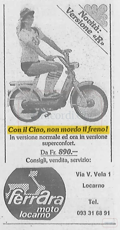 Pubblicità del Ciao Piaggio versione "R", superconfort da 890 franchi da Ferrara Moto Locarno, 1976