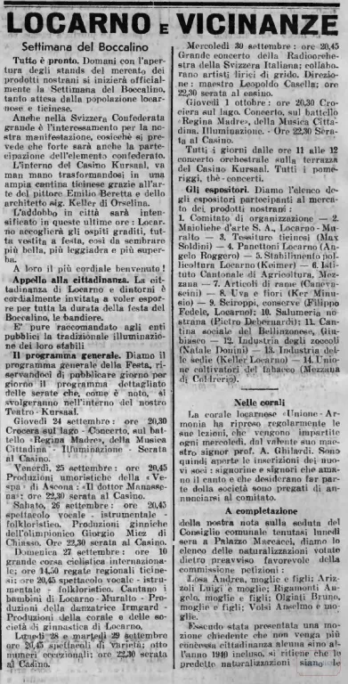 Settimana del Boccalino a Locarno: mercatino, concerti e richieste di bandiere alle finestre, 1936