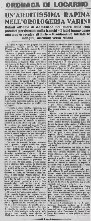 Rapina all'orologeria Varini in pieno centro a Locarno: rubati gioielli e orologi per 200'000 franchi, 1956