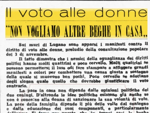 Manifesti e paure sul voto alle donne: "non vogliamo altre beghe in casa" a Lugano, 1946