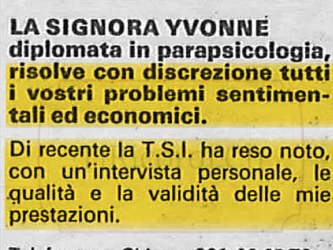 Parapsicologia per cuori e portafogli: la signora Yvonné risolve problemi sentimentali ed economici, 1986