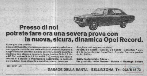 Presso il Garage della Santa si poteva fare una "severa prova" della nuova Opel Record, 1966