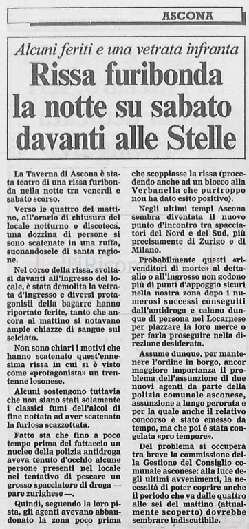 Rissa notturna davanti alla Taverna di Ascona e termini oggi insoliti nei resoconti di cronaca, 1986