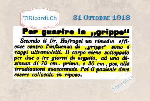 Per guarire la grippe: secondo il dottor Hufragel un rimedio efficace sono i raggi ultravioletti, a 70 e poi 30 centimetri, 1918