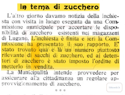 Controllo municipale sulle scorte di zucchero e ordine di vendita a Lugano, 1916