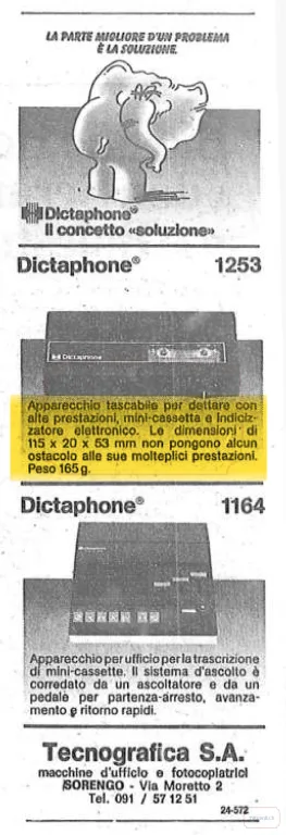 Dictaphone a mini-cassetta: la soluzione tascabile per dettare e trascrivere in ufficio, 1986