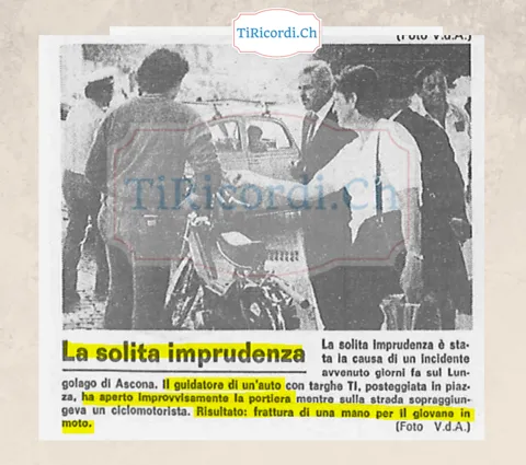La solita imprudenza: portiera aperta sul Lungolago di Ascona, frattura a una mano per un ciclomotorista, ottobre 1983