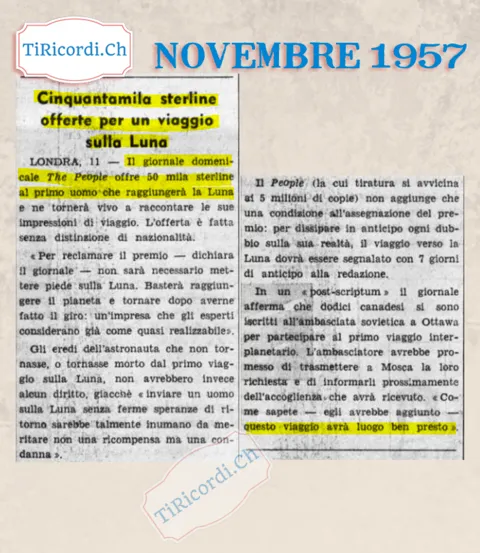Cinquantamila sterline offerte per un viaggio sulla Luna: la scommessa del settimanale The People, novembre 1957