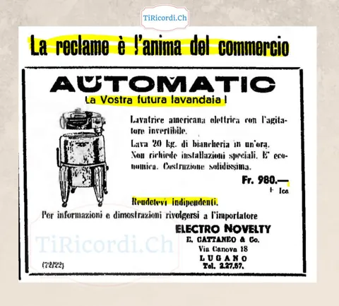 Automatic, la vostra futura lavandaia: lavatrice americana elettrica con agitatore invertibile, lava 20 chili di biancheria in un'ora, 980 franchi. Rendetevi indipendenti, 1948
