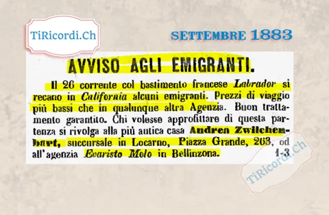 Il 26 settembre parte il Labrador per la California, prezzi più bassi di ogni agenzia, 1883
