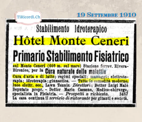 Hôtel Monte Ceneri, primario stabilimento fisiatrico a 600 metri: cura d'aria e di latte, elettroterapia, luce elettrica e lawn tennis, 1910