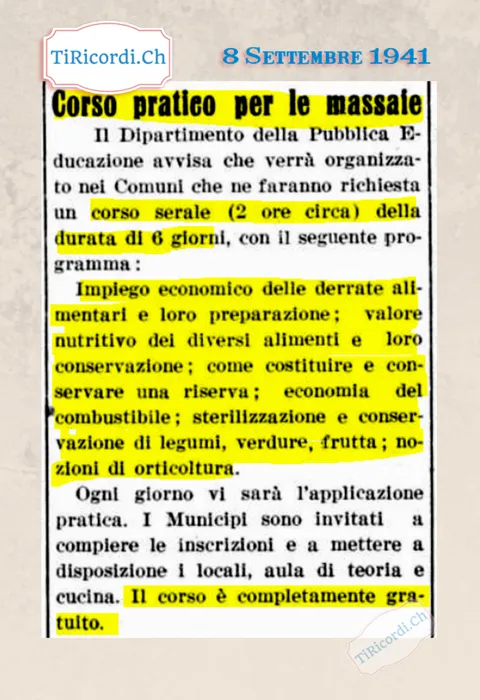 Corso pratico per le massaie: sei serate gratuite su impiego economico delle derrate, conservazione, economia del combustibile e nozioni di orticoltura, 1941