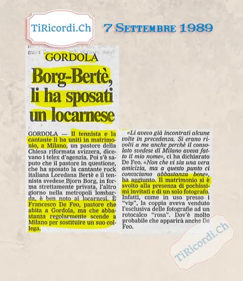 Borg e Berte, li ha sposati un locarnese: il pastore di Gordola Francesco De Feo, settembre 1989