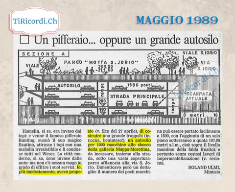 Un pifferaio oppure un grande autosilo: la proposta di un lettore per il parco Motta San Jorio, maggio 1989